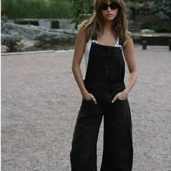 FREE PEOPLE We The Free Good Luck Barrel Leg Overalls in Black - Picture 1 of 13